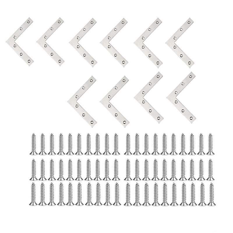 Zestaw 10 szt. narożników meblowych ze stali nierdzewnej, mocowanie płaskie, łącznik L ze śrubami, 120 x 120 mm