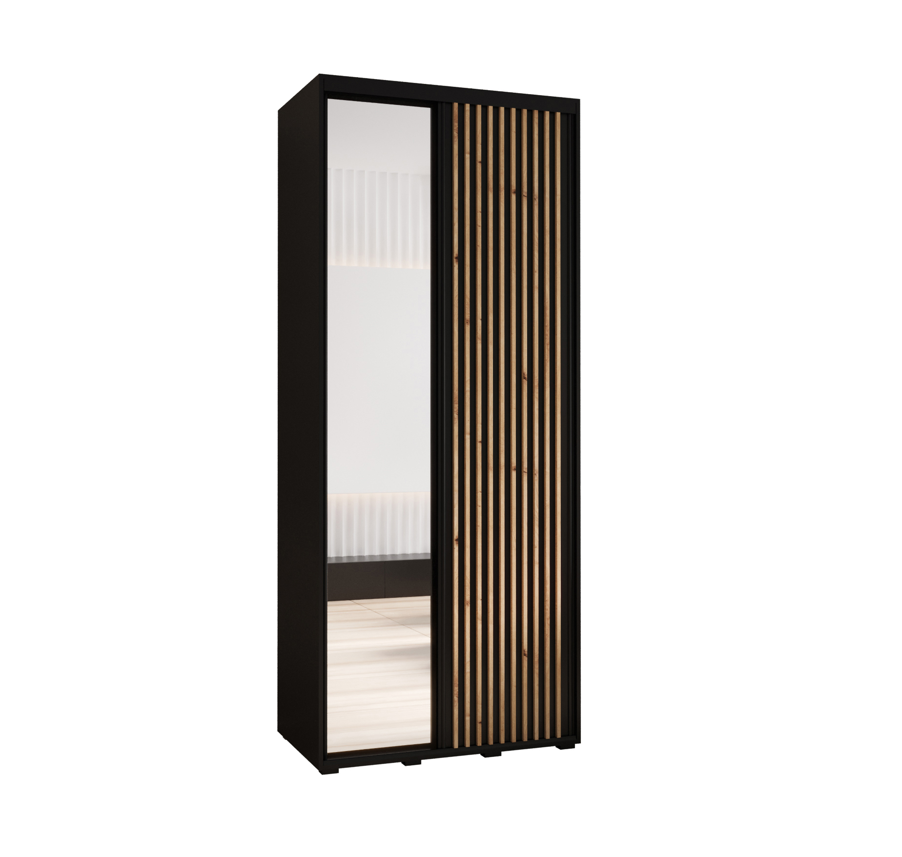 Szafa przesuwna z lustrem wysoka Lanko 2 100 x 60 x 235,2 cm czarny + czarny + lamele artisan - Abiks Meble