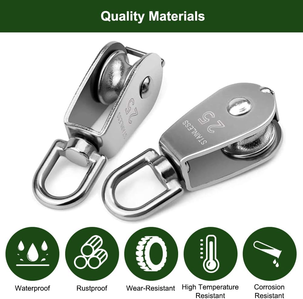 Lot de 2 poulies de levage M25 - poulie pivotante à 360° en acier inoxydable - poulies à câble avec 1 roulement à billes - poulie de renvoi en acier - 2
