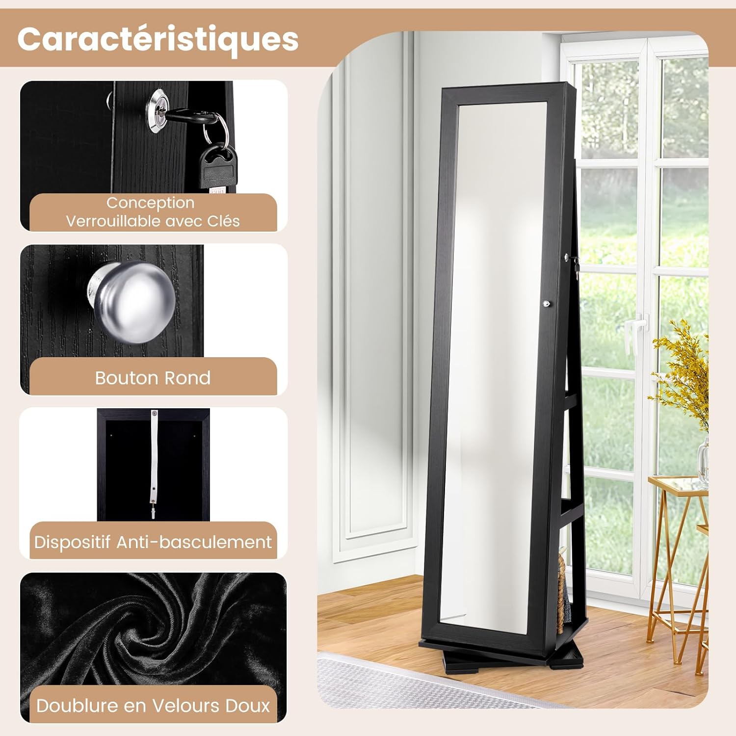 Armoire à Bijoux Pivotante à 360 Degrés sur Pieds,avec Grand Miroir Psyché et Etagère de Rangement à L’Arrière (Noir) - 9