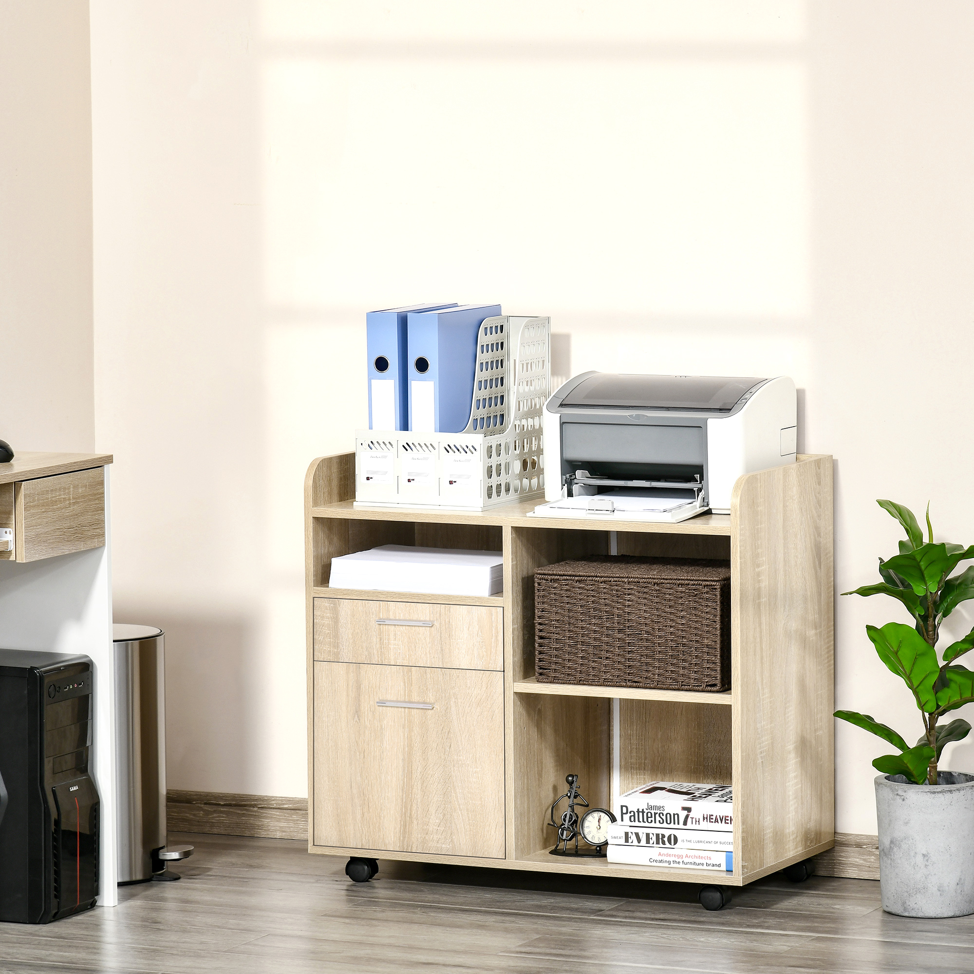 Vinsetto Mobile Porta Stampante, Mobile Ufficio, Mobiletto Basso, Mobile Multiuso Con 4 Ruote, Rovere, 80x40x72cm - 2