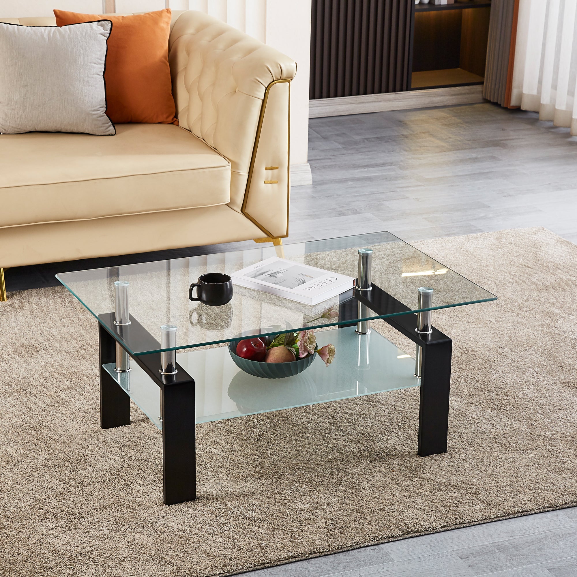 Table basse 100 × 60 × 44 cm, avec rangement ouvert, en verre et métal ...