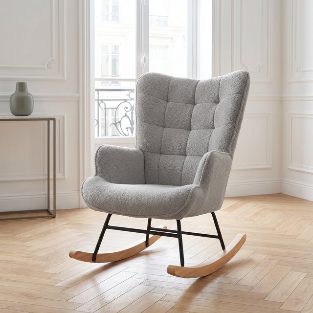 Fauteuil à Bascule, Rocking Chair d'Allaitement - Structure en métal et pieds bois massif, Maximale : 150 kg, Tissu Peluche Teddy, Gris, 75x68x92 cm