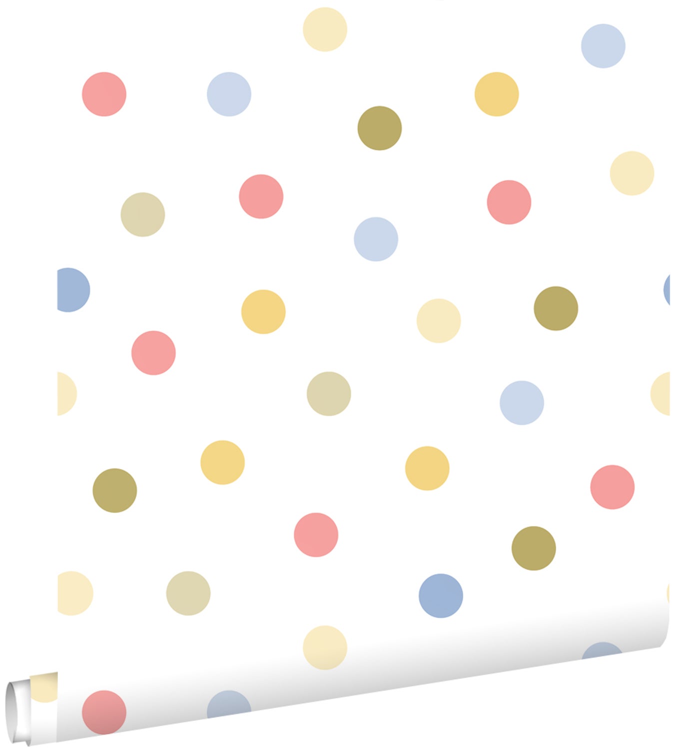 Papel pintado puntos lunares polka dots azul, rosa, verde y amarillo - 50 x 900 cm - estahome
