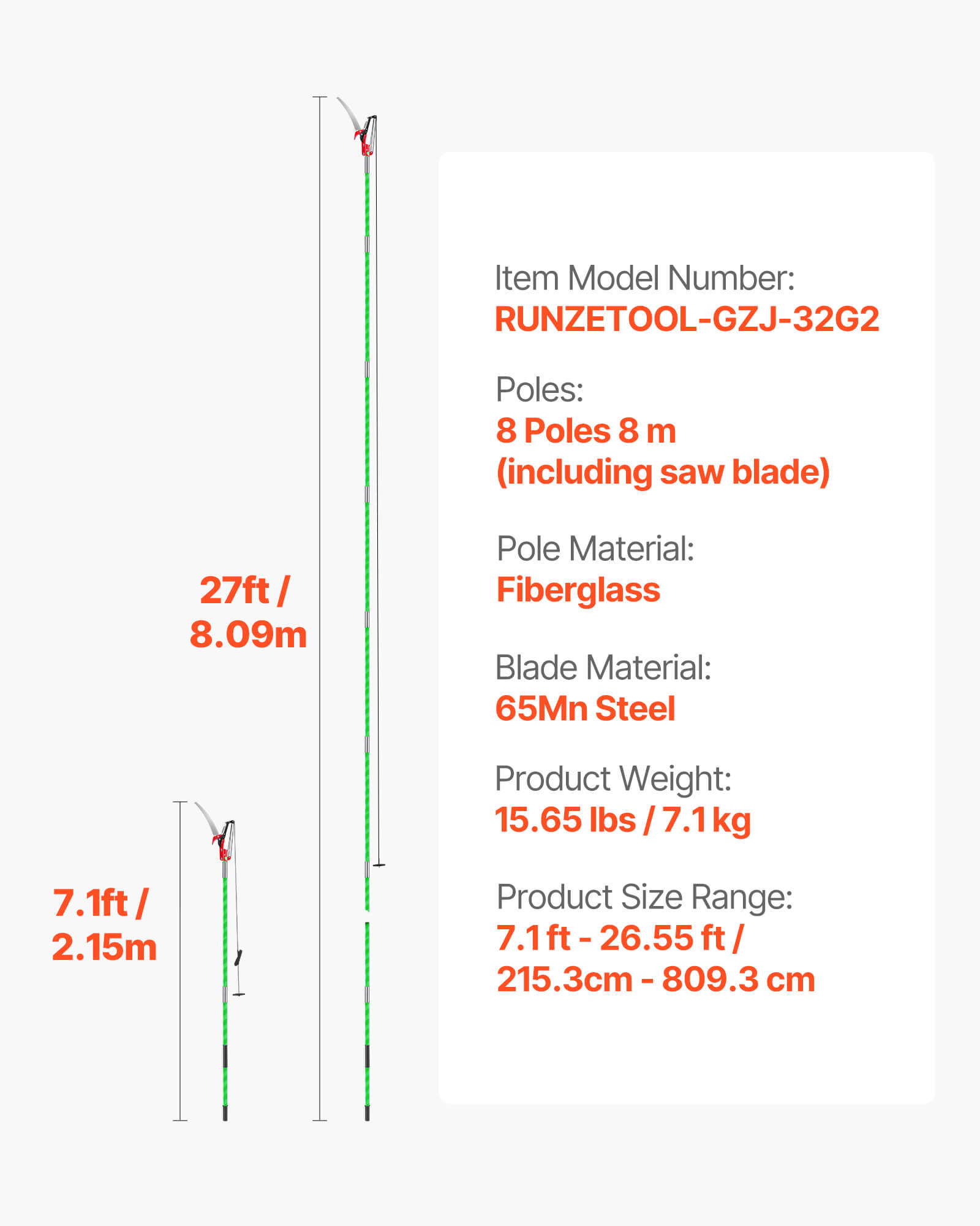 Scie à Élaguer Extensible,VEVOR 2,15-8,09 m,Scie sur Perche Manuelle,avec Ciseaux,8 Perches Fibre de Verre,pour Tailler Branches Hautes,Palmiers - 7