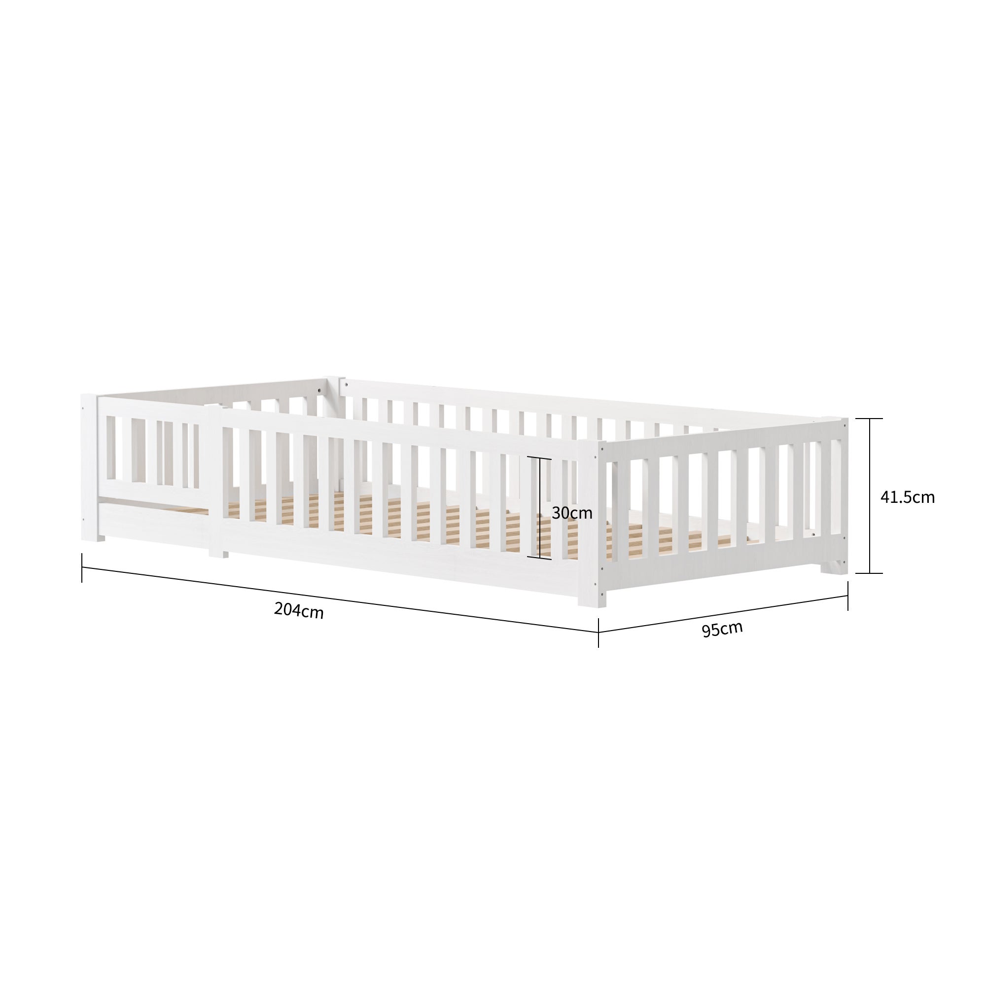 Lit enfant 90x200 cm, cadre en pin blanc, lit au sol, avec rambarde de sécurité, sommier à lattes, scandinave - 6