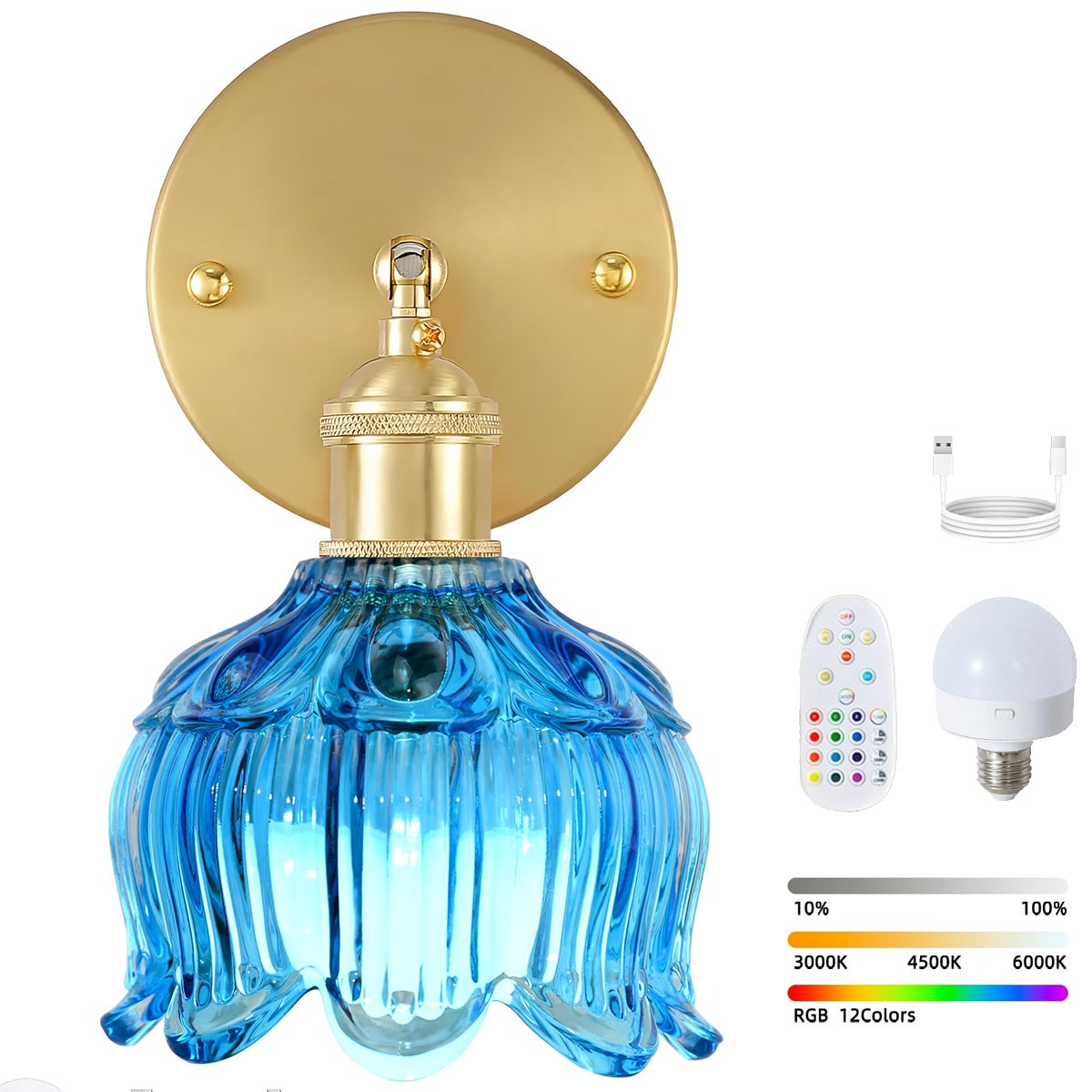 Bezprzewodowa lampa ścienna LED z pilotem, lampka nocna ładowalna, ściemnialna, zmiana koloru RGB, 3000K-6000K, z żarówką