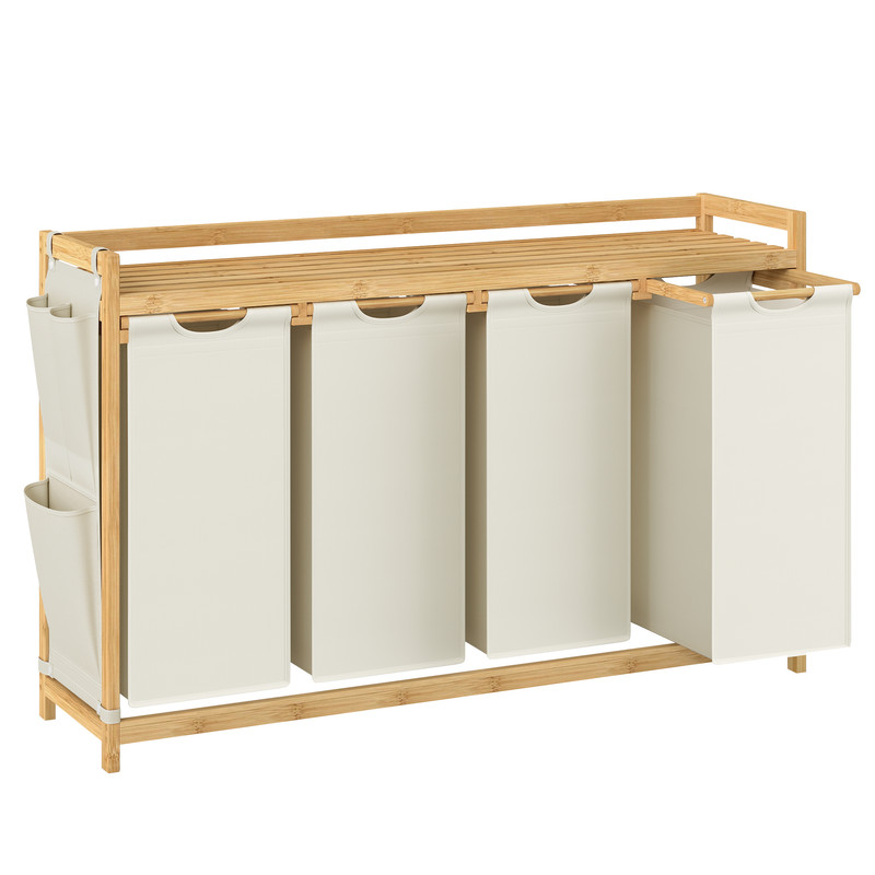 Panier à Linge, avec 4 Compartiments, en Bambou, Capacité de 200 Litres, avec Étagère, Poches Latérales, 4 x 50 L, 124,6 x 33 x 78 cm, Blanc Crème | Leroy Merlin