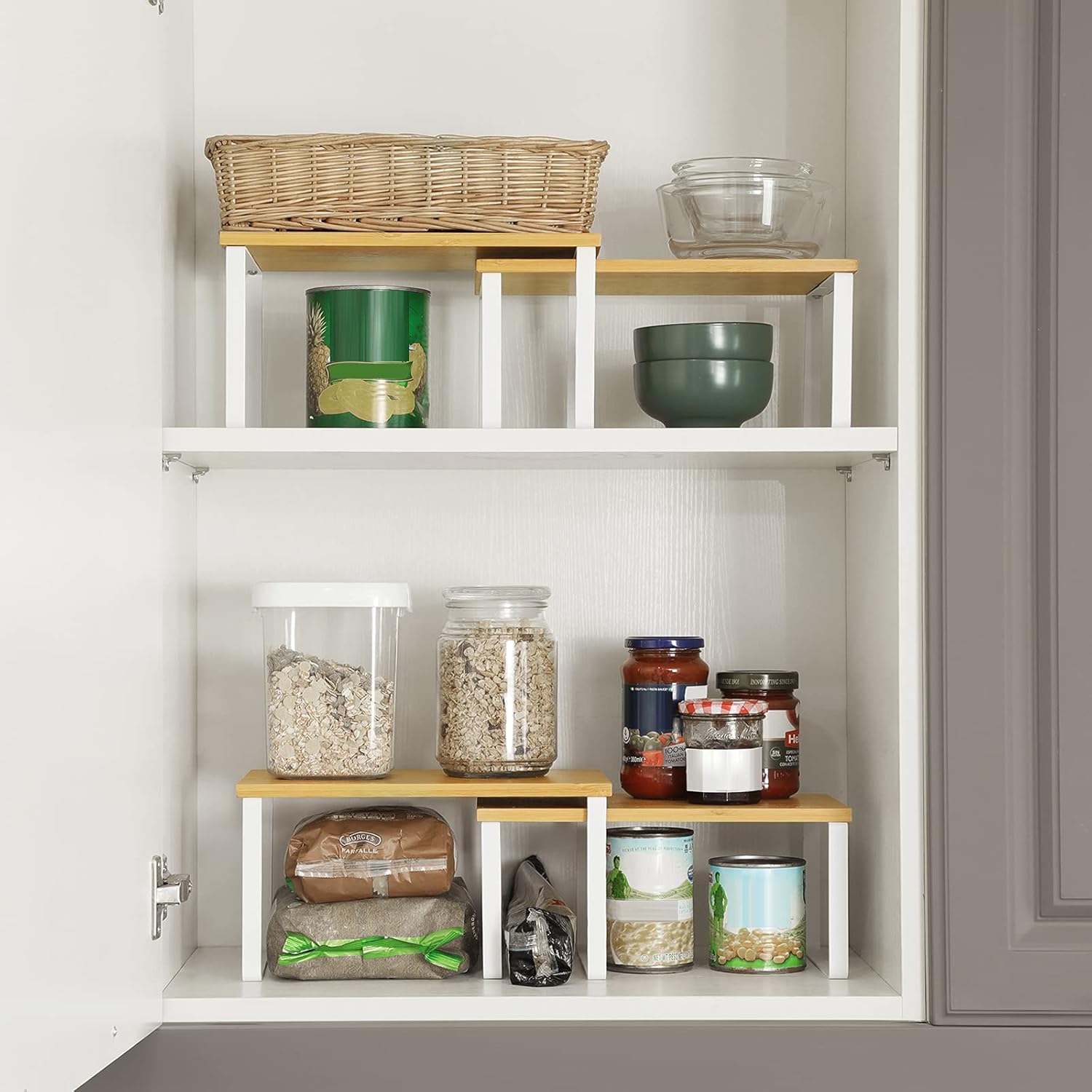 Organizadores de Cocina, Juego de 4 Estantes de Cocina, Apilables, Expandibles, Metal y Madera de Ingeniería, Blanco y Natural - 4