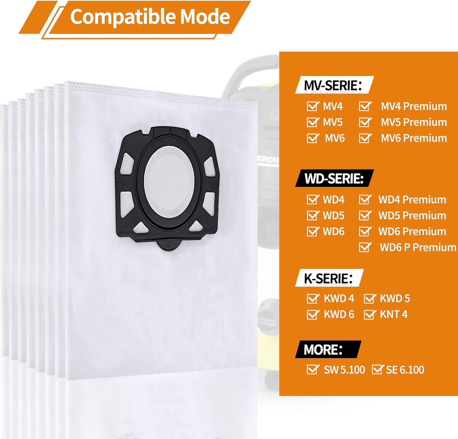 10 Pièces Sac Aspirateur pour Karcher WD4 WD5 WD6 MV4 MV5 MV6 avec