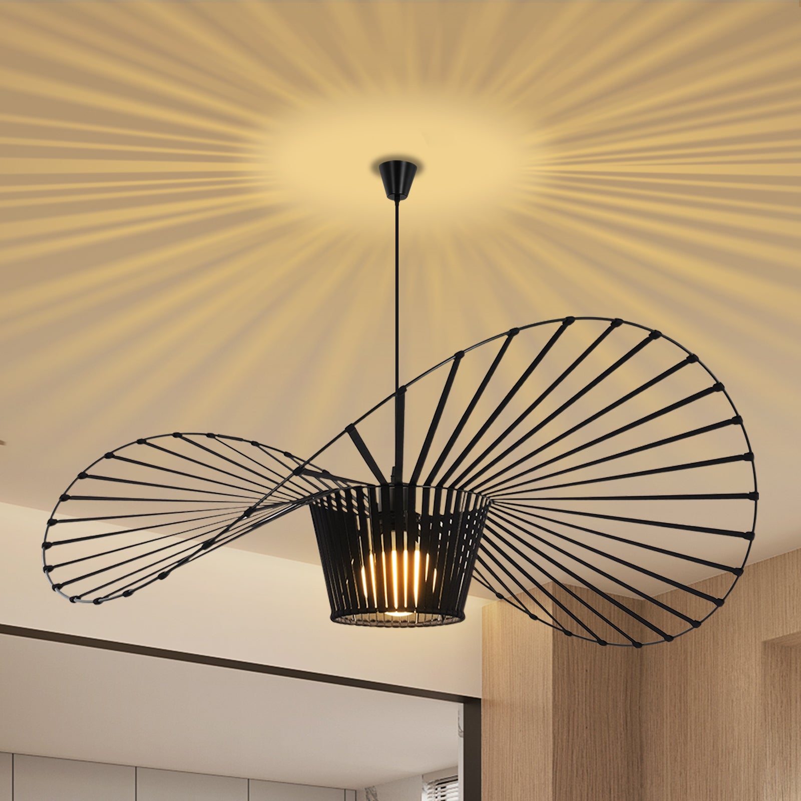 NETTLIFE Lampa wisząca E27 Nowoczesny design kapelusza Czarny Średnica 140 cm Poliwęglan Max 40 W do salonu Jadalni Kuchni, Bez żarówki
