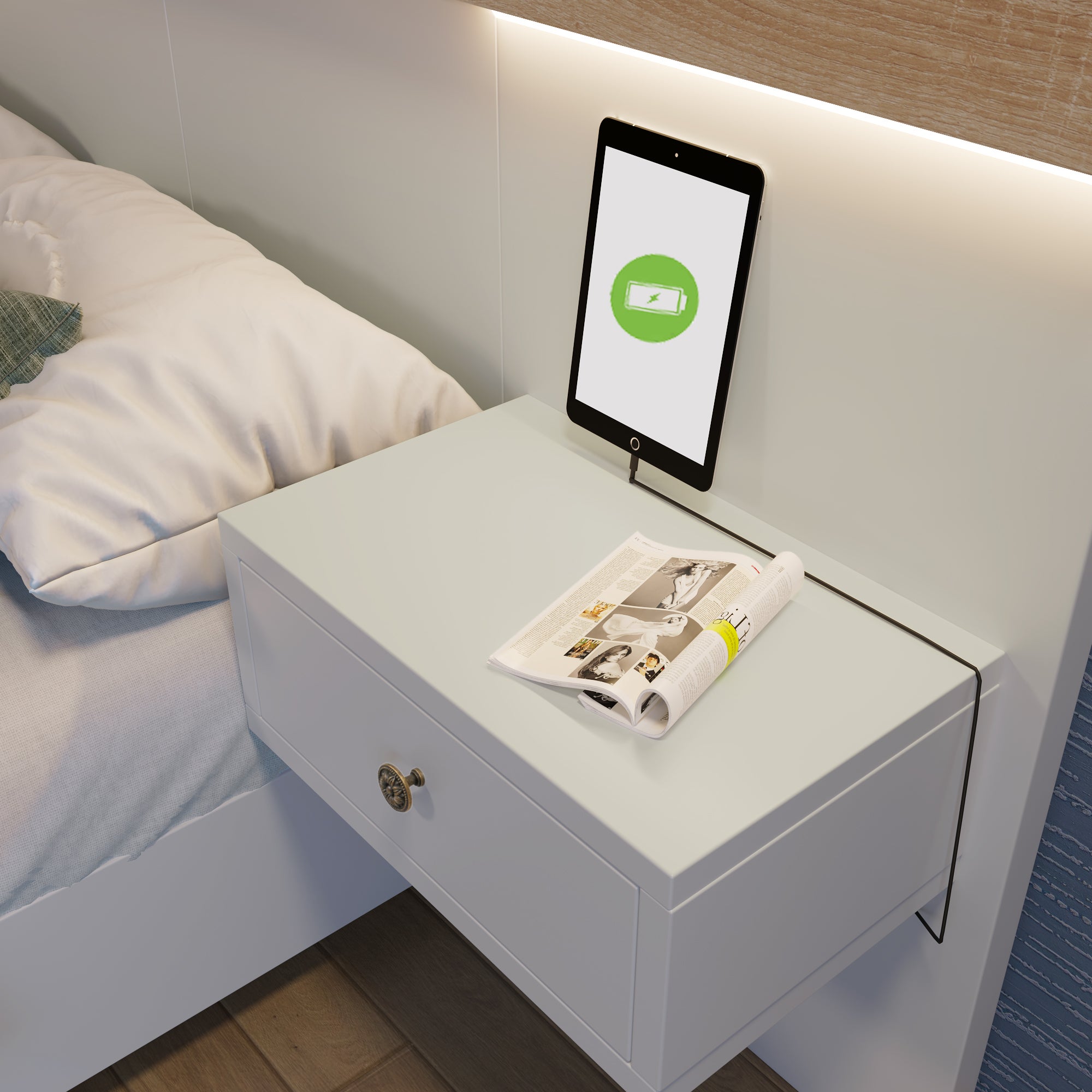 Łóżko dwuosobowe 140x200 cm z drewna z zawieszanymi szafkami nocnymi + LED i portami USB + stelaż na listwy - Białe - 9