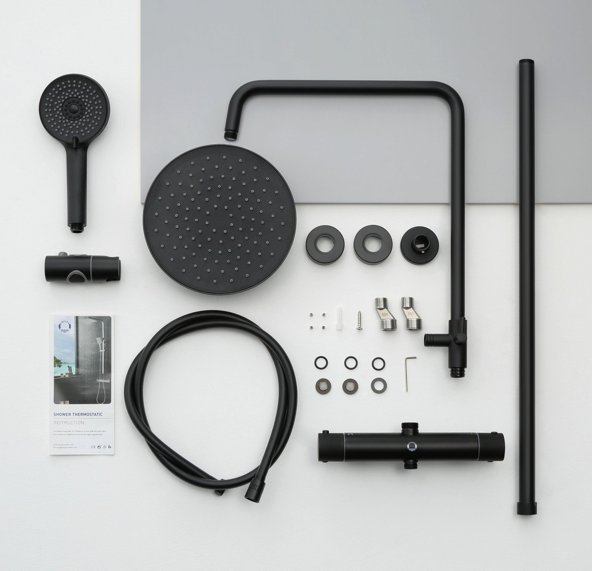 Colonne de douche thermostatique, Cecipa max Pomme 230mm+Douchette 2 jets, Noir,EU Modèle - 7