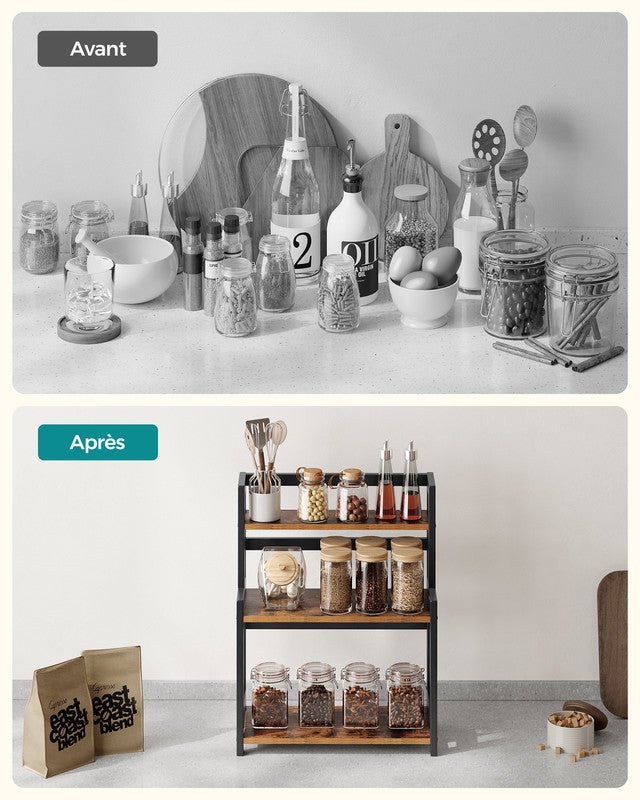Étagère à Épices, Étagère de Rangement à 3 Niveaux, Organisateur de Bureau, pour Cuisine, Salle à Manger, Bureau, Marron Rustique et Noir - 3