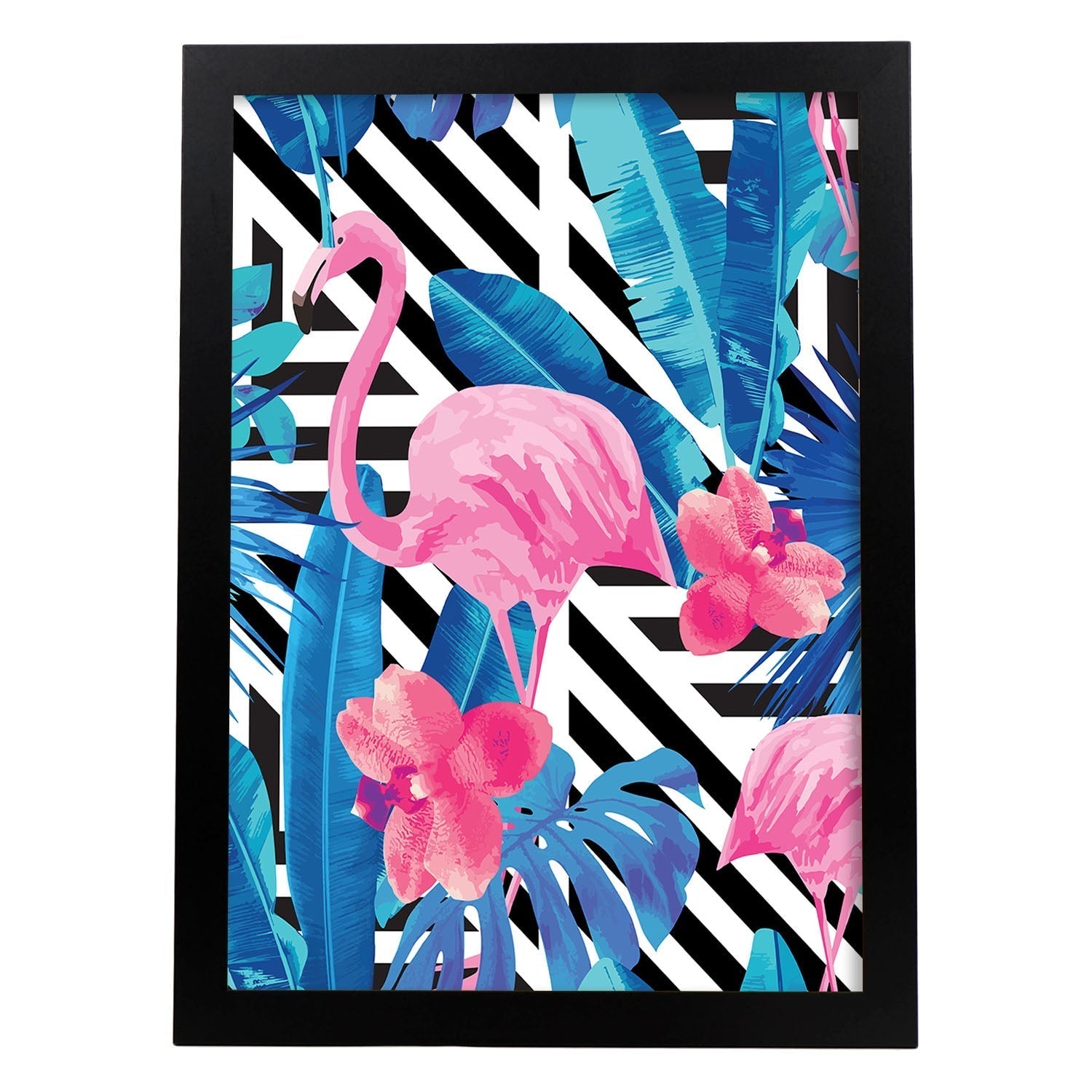 Poster de flamencos. lamina flamenco tropical con imagenes de flamencos sobre fondo colorido. posters de aves con diseno. marco madera clara - a3