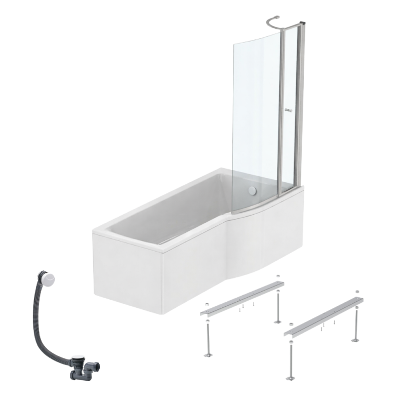 Ideal standard connect air 170 x 80 cm, conjunto para bañera/ducha derecha + delantal + mampara con panel + patas + desagüe, blanco