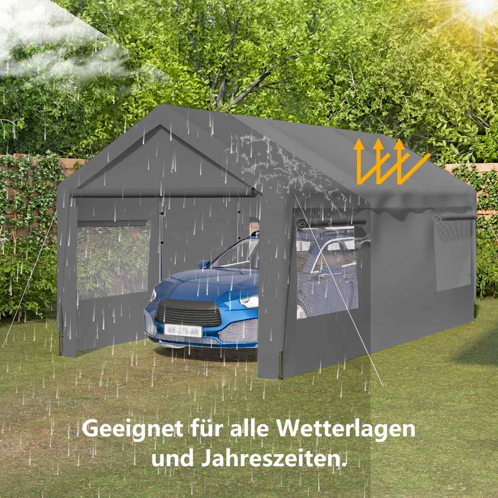 Tente Garage Carport 3x6m - Gris, Fenêtres Coulissantes, Murs et Toit Amovibles - 3