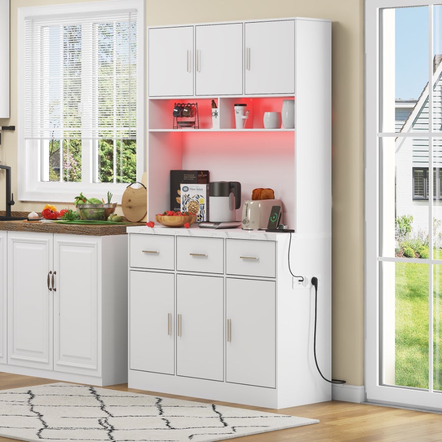 Buffet Multifonctionnel Blanc 116x40x170 Cm - 3 Portes, 3 Tiroirs, Design Moderne - 11
