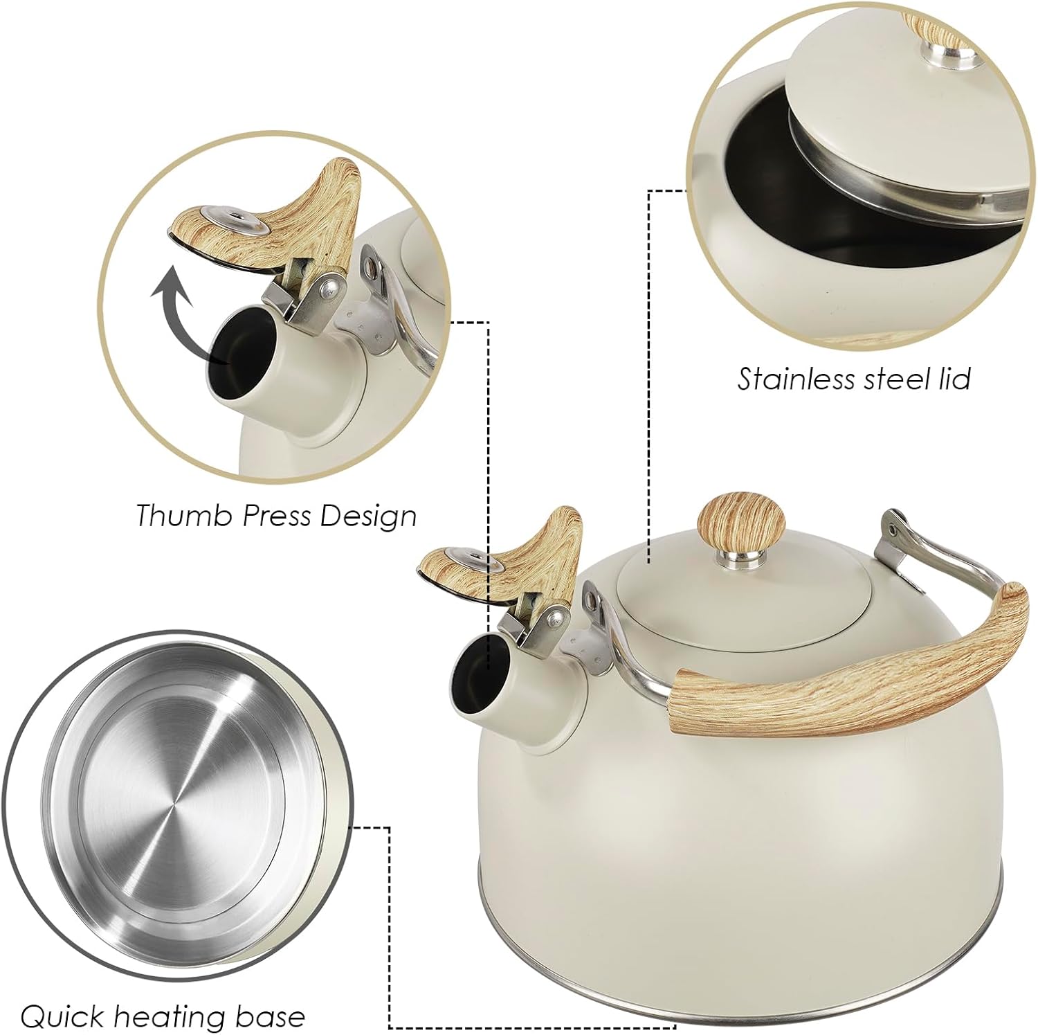 Bouilloire sifflante en acier inoxydable de 2,5 L avec poignée en bois, compatible avec cuisinière à gaz et à induction (beige) - 4