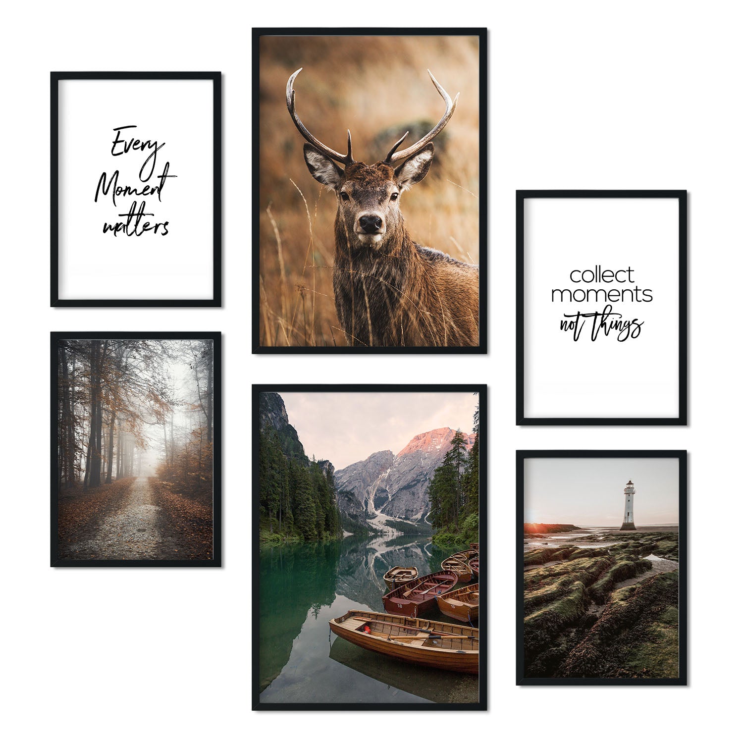 Pack 6 láminas fotografia decorativa cuadros para pared con bosque, naturaleza y montana decoracion mural moderna a3 y a4. con marco blanco