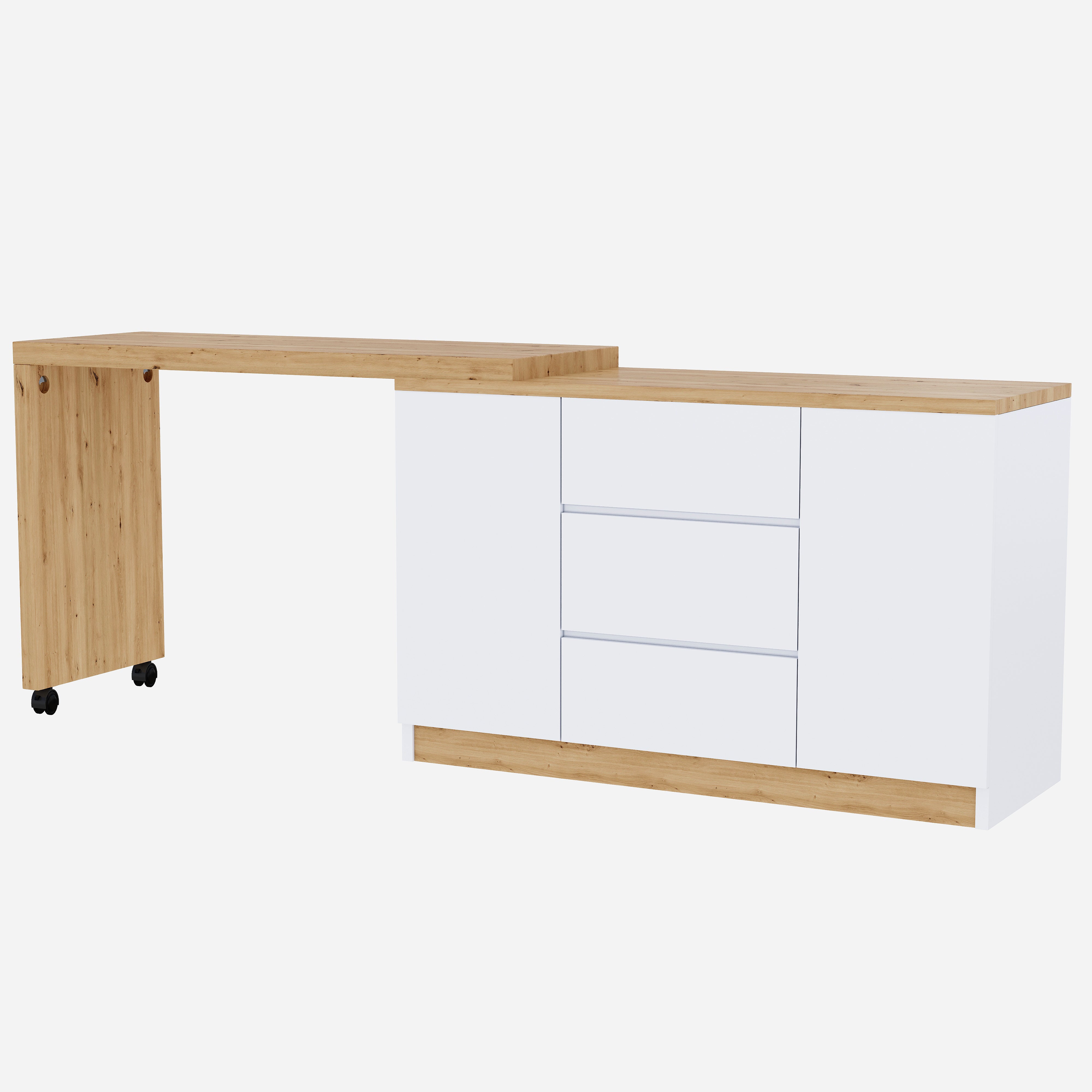 Biurko narożne z obrotowym blatem, 2 drzwiami i 3 szufladami - 120 x 50 x 76,5 cm - Płyta wiórowa - Biały + Dąb - 7