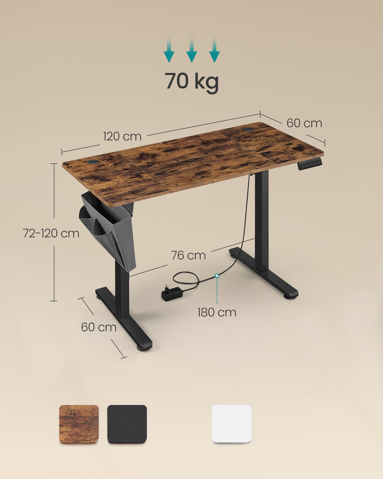 Bureau Électrique Assis-Debout, Bureau Réglable en Hauteur, 60 x 120 x (72-120) cm, 4 Hauteurs Mémorisables, Pochette de Rangement, Marron et Noir - 5