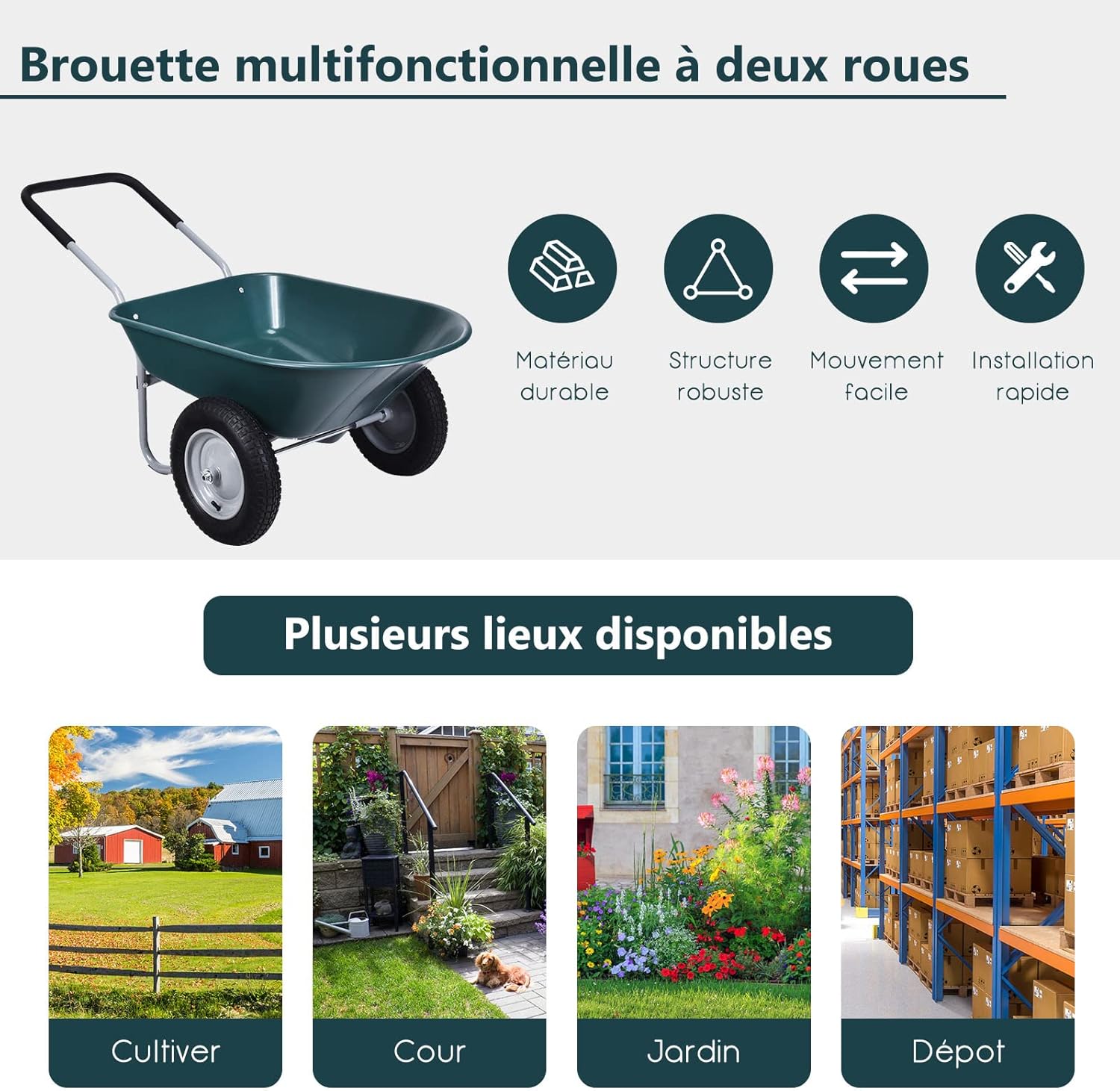 Brouette de Jardin 2 Roues Pneus Pneumatiques Ø35cm 75L Charge Max 100KG Résistante en Fer pour Jardinage/Maçonnerie Vert - 7