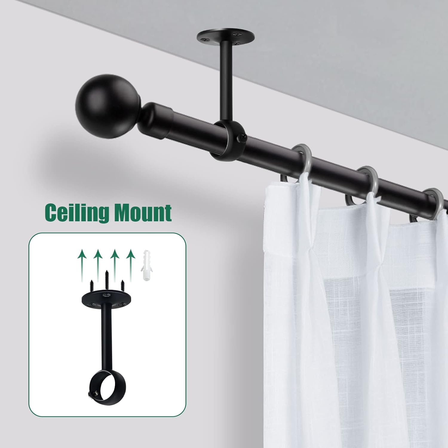 Jeu de 2 supports de tringle à rideau noirs robustes pour tringle de plafond, supports de tringle à rideau en acier inoxydable de 25 mm, supports de t - 4