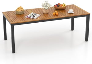 COSTWAY Table à Manger Extérieur en Bois d'Acacia Certifié FSC pour 8 Personnes, Table 200x90 cm avec Trou pour Parasol 5 cm, Pied en Métal 2