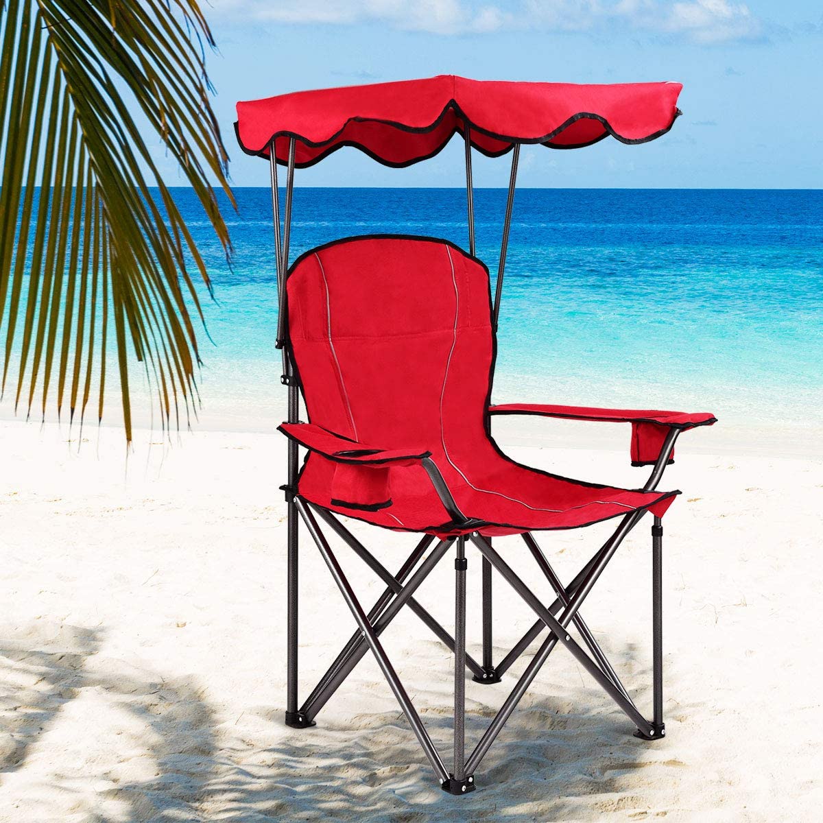 Chaise de camping avec parasol, chaise de plage pliante avec porte-gobelet, accoudoir rembourré - 2