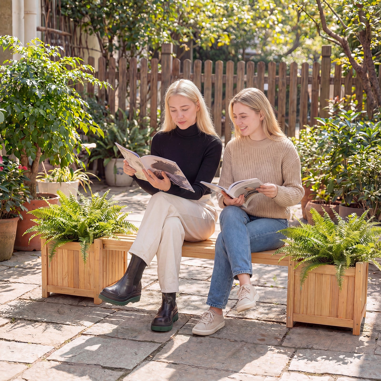 Jardinières d'Extérieur avec Banc 169 x 35 x 35 cm, Bac à Fleurs en Bois Massif Finition Huile de Teck Base Ouverte, Lit de Jardin Surélevé, Naturel - 9