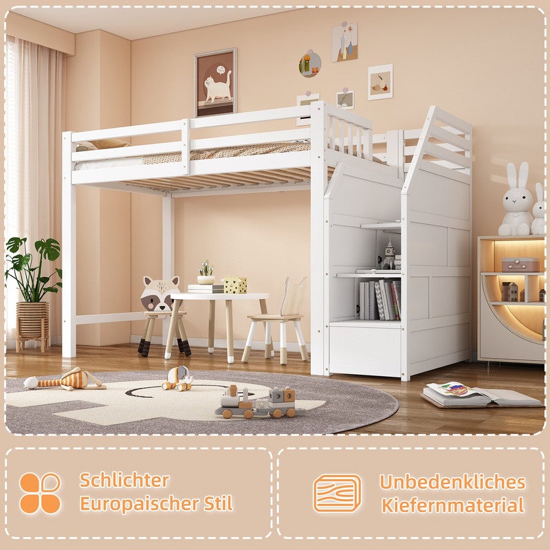 Lit mezzanine 90x200,Multifonctionnel Lit Superposé Enfant avec Escaliers de Rangement et Barrière,Lit Hauteur en bois ,Blanc - 8