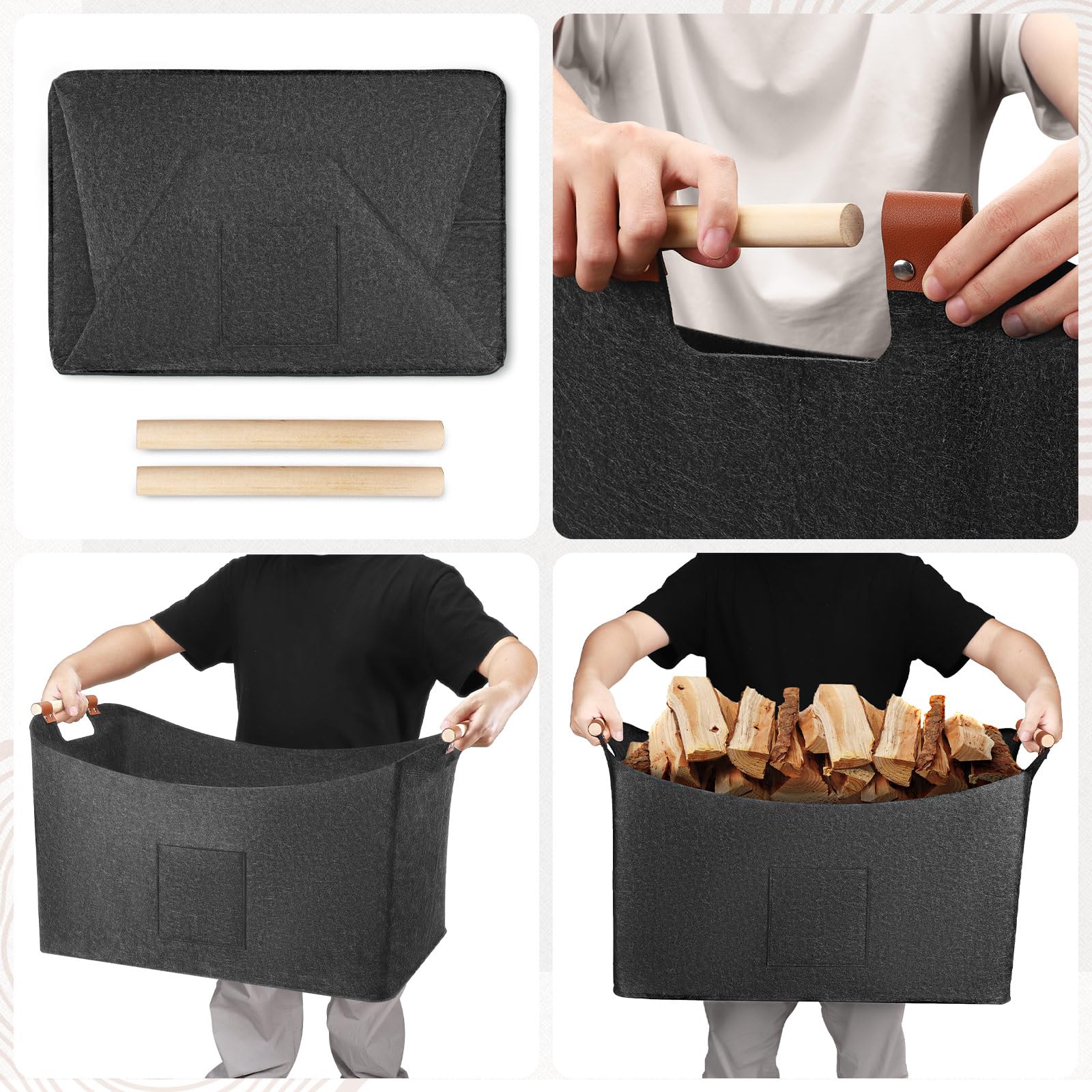 Panier à bois de chauffage pliable 96L, sac en feutre, 60 x 40 x 40 cm, panier à bûches avec poignées de transport, panier en feutre - 6