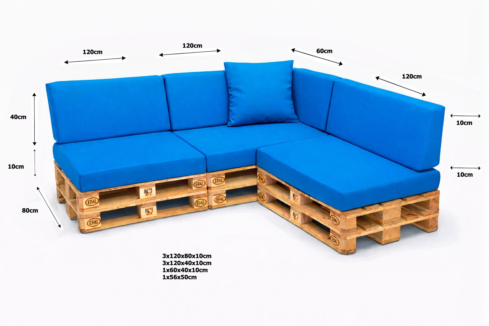 Zestaw 8 poduszek na palety ogrodowe 120×80×10 cm – siedzisko i oparcie 120×40×10 cm, poduszki na meble ogrdowe, niebieskie