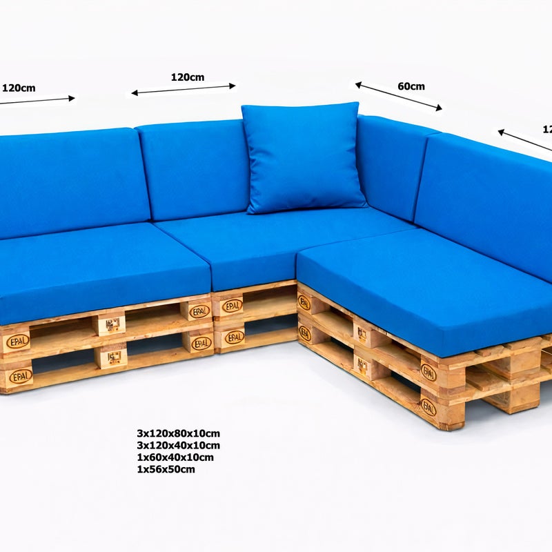 Zestaw 8 poduszek na palety ogrodowe 120×80×10 cm – siedzisko i oparcie 120×40×10 cm, poduszki na meble ogrdowe, niebieskie