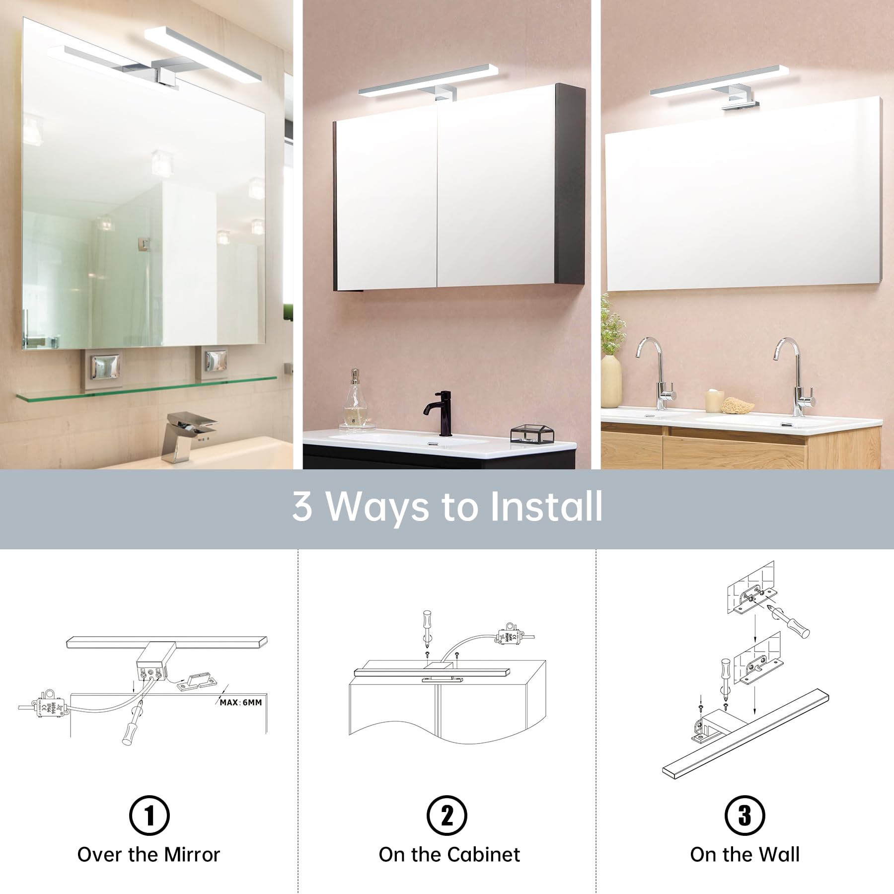 Lampe de miroir LED, lampe de miroir de salle de bain blanc neutre 4000 K, étanche et sans scintillement, lumière d'armoire pour miroirs, 30 cm - 6