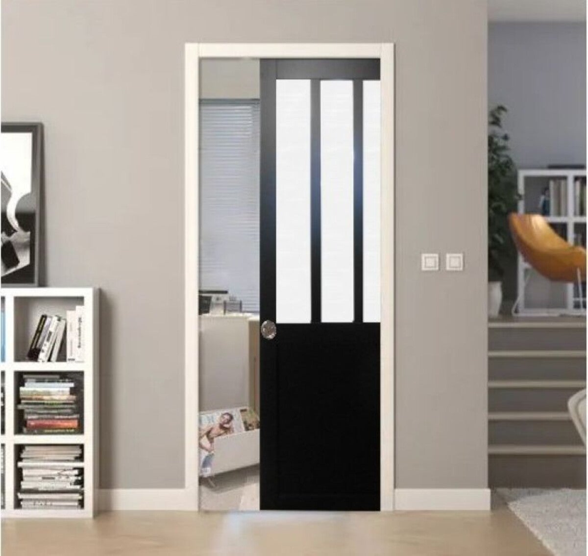 Porta Scorrevole Workshop Nero vetro satinato H204 x L73 + Sistema Pocket e kit di finitura inclusi senza maniglia - 5