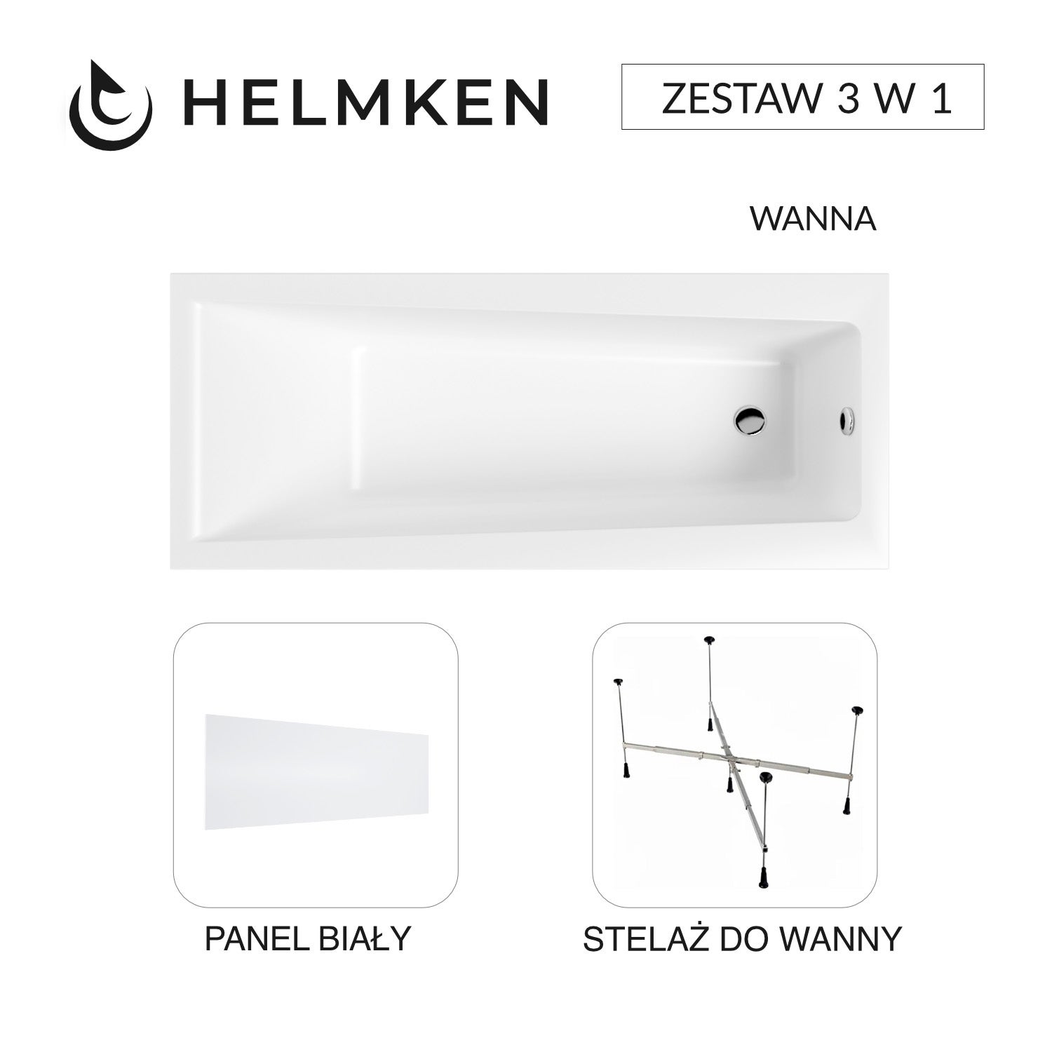 Wanna akrylowa Helmken Versailles 150x75 + Panel Biały + Stelaż uniwersalny do wanien Helmken 21230020 / 35070050-3S
