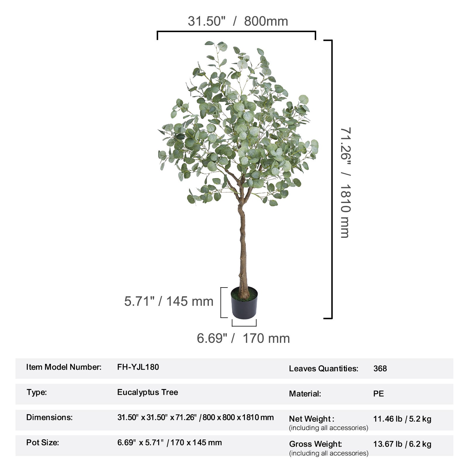 Arbre Eucalyptus Artificiel SucceBuy 1,8m Faux Plante PE Anti-chute Faible entretien Décor intérieur extérieur - 9
