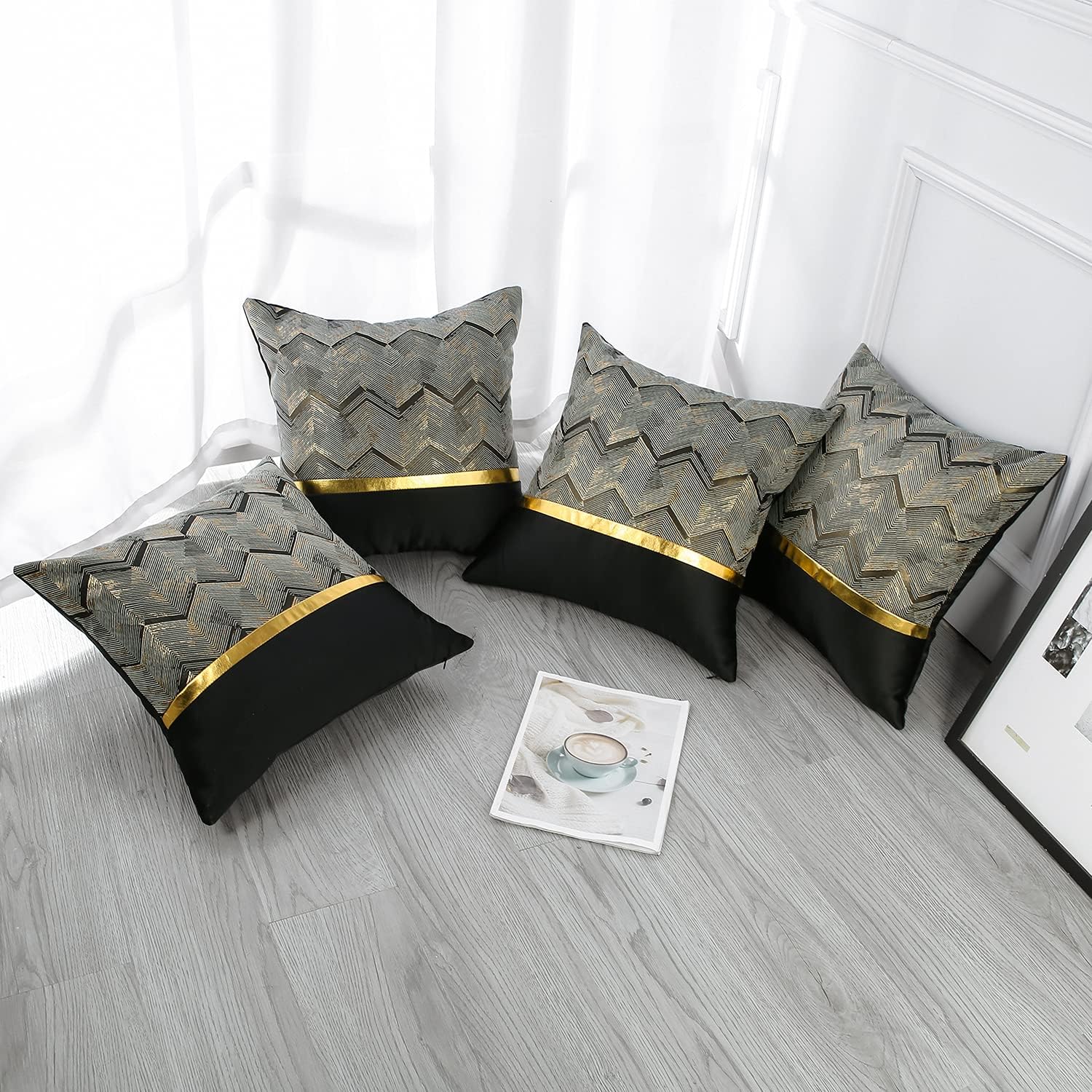 45x45cm Set de 4 (Noir) Housses de coussin Luxe Cuir Doré Couture Ondulé Stripe Taie D’oreiller Minimaliste Taies De Coussin Cuir Rayé Or Pour Lit Can - 4