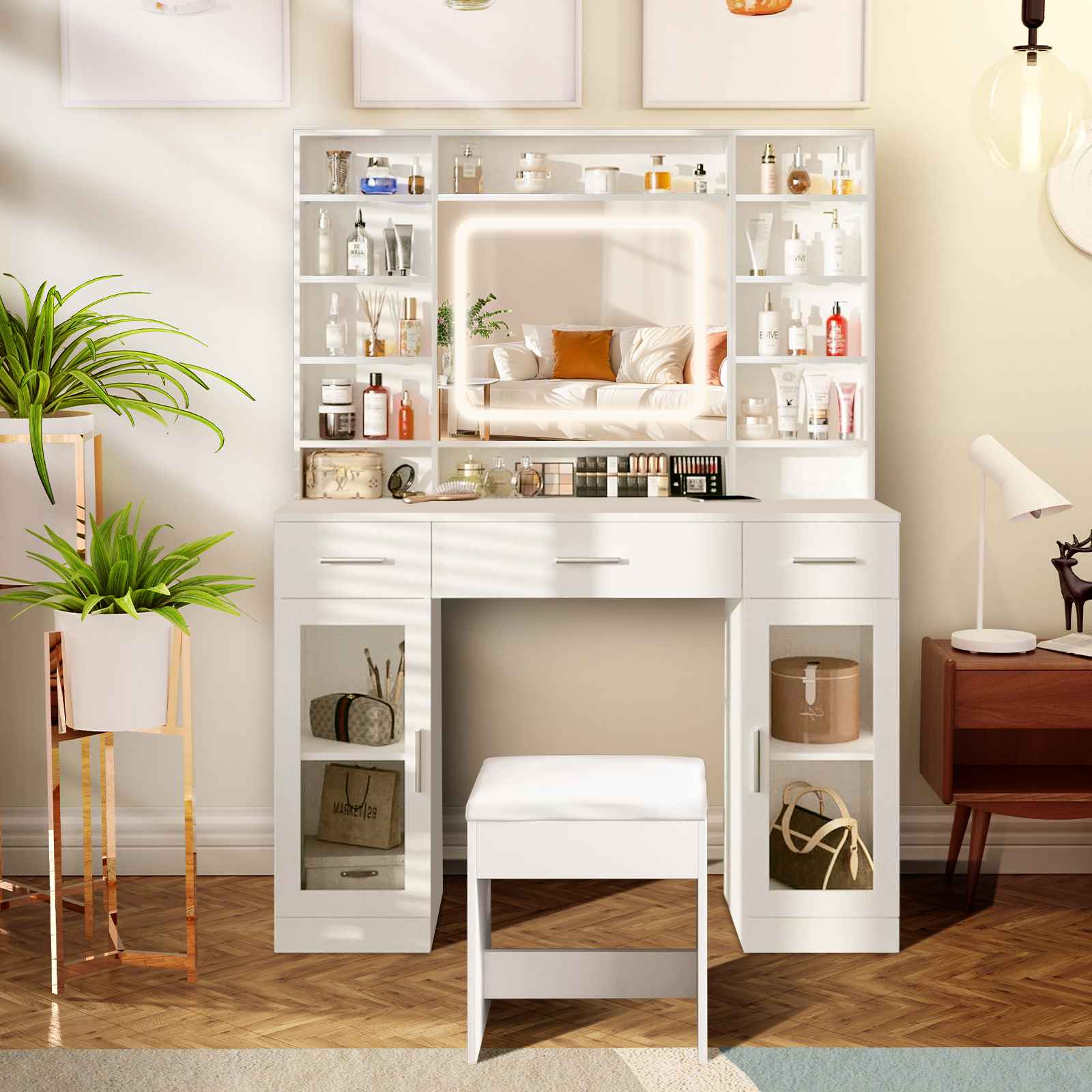 Meuble de toilette avec miroir - Tiroirs, étagères, surface spacieuse, toit anti-poussière - 3 modes de couleur, blanc - Idéal pour chambre - 2