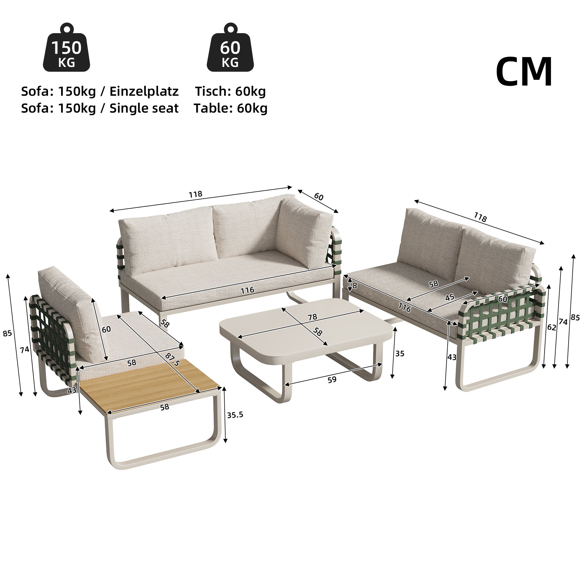 Salon de jardin extérieur 4-5 places moderne en rotin synthétique avec coussins abricot pour terrasse et jardin - 3