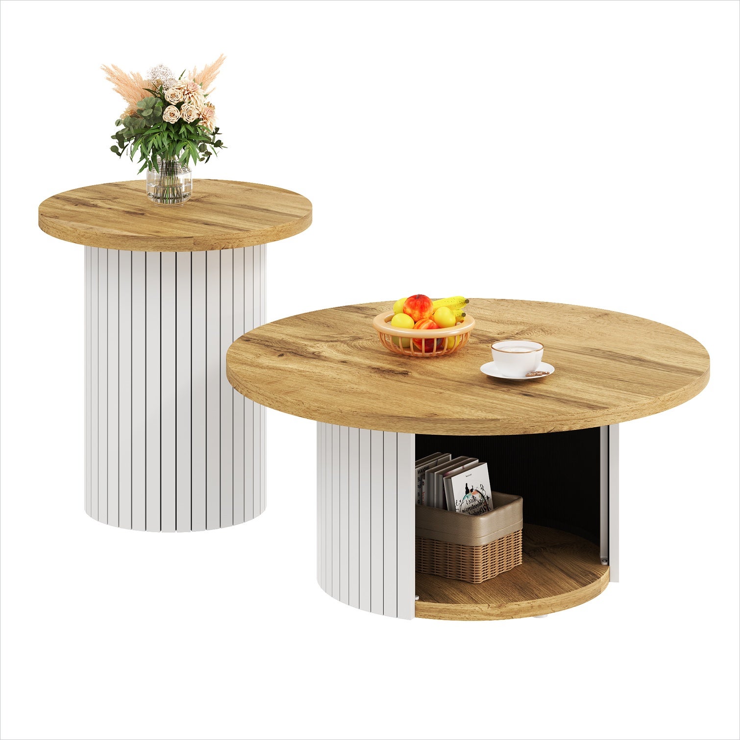 Set de deux tables basses rondes en bois naturel, style scandinave avec ...