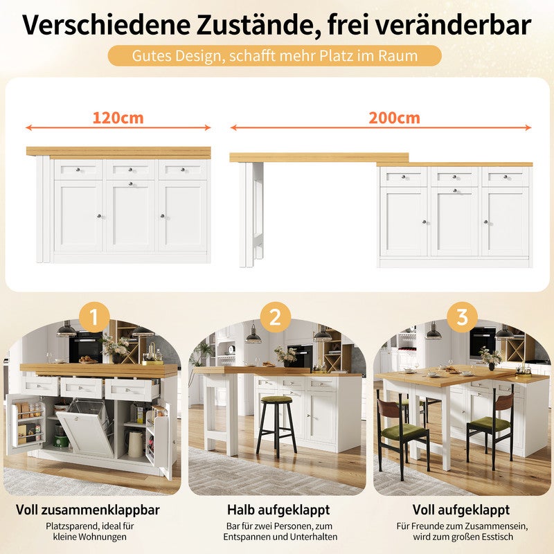 Îlot de cuisine moderne,Table de bar cuisine escamotable,avec Support à poubelle extractible,Table à manger avec tiroir et porte-snack, Blanc - 6