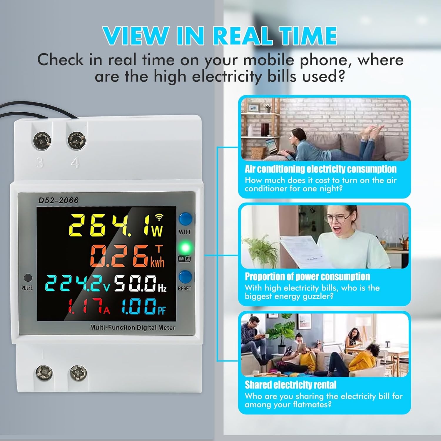 Compteur Électrique Monophasé Intelligent - Contrôle WIFI Tuya, Ampèremètre, Voltmètre, KWH, Moniteur de Consommation Énergie Rail DIN - 4