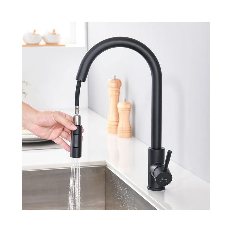 Bateria kuchenna z wyciąganą wylewką matowa czarna obrotowa o wykonana ze stali nierdzewnej bateria zlewozmywakowa z funkcjami mieszacz kuchenny
