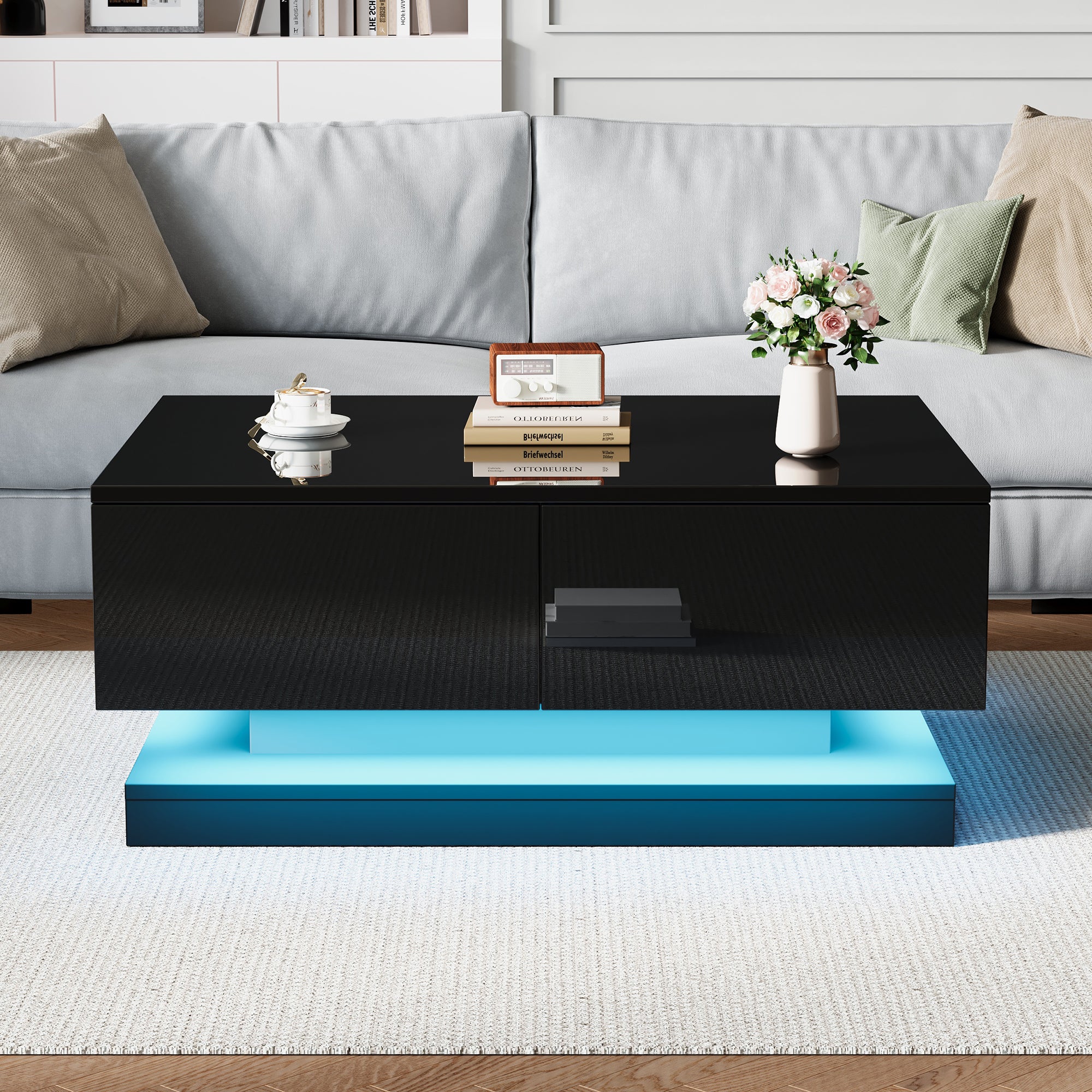 Stół kawowy wysoki połysk 90x50x38cm - z 2 szufladami - z oświetleniem LED - czarny - 3