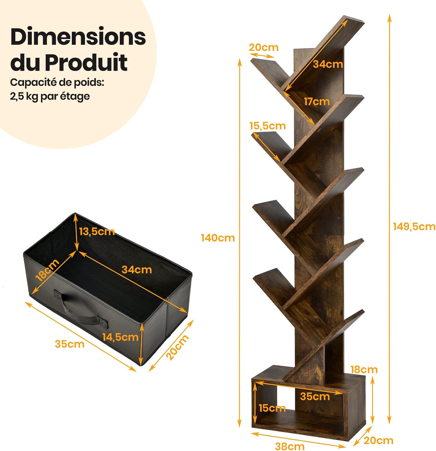 Libreria ad Albero a 10 Ripiani, Cassetto con Maniglia, Scaffale Espositore Stretto e Multiuso, Organizer per Libri, CD e Ornamenti, Arredo per - 3