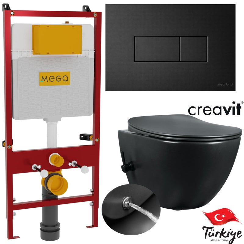 Zestaw miska WC wisząca z funkcją bidetu 51x35,5 cm, deska w komplecie, stelaż podtynkowy profesjonalny 110x54x16 cm, przycisk czarny, Creavit Freedom