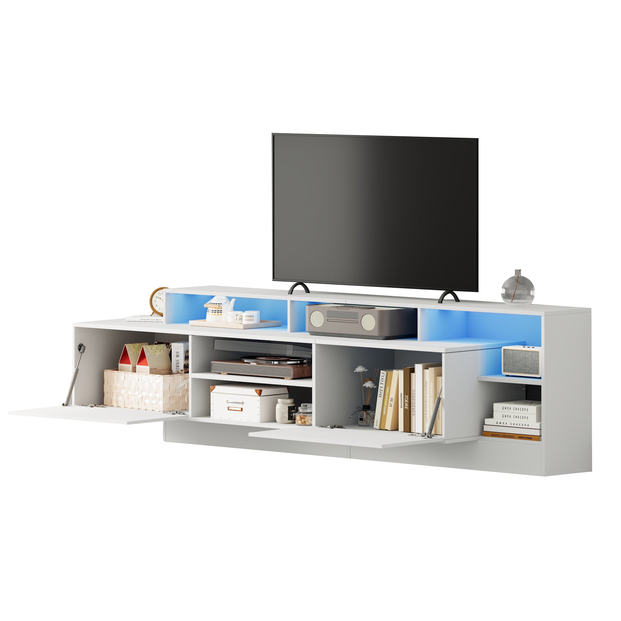Meble pod TV 190x40x48,5 cm - z oświetleniem LED - z 2 frontami odchylanymi - Otwarta przestrzeń do przechowywania - Błyszczące wykończenie - Biały - 8
